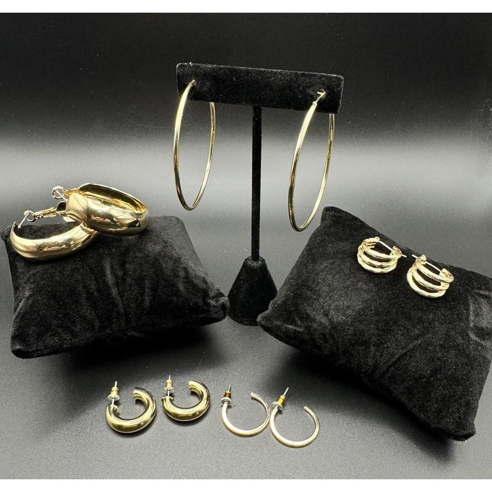 Lot Of 5 Gold Tone Pierced Hoop Earrings Dangles Classic Career Everyday Jewelry